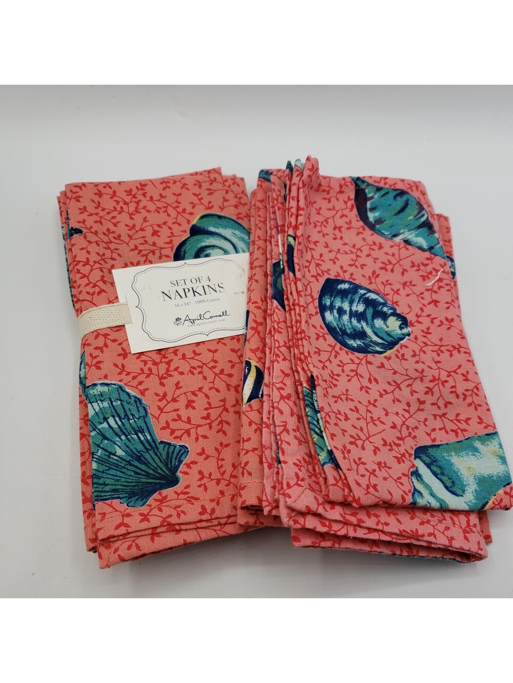 April Cornell Cotton Napkins Set of 8 Ocean Themed Shells Sea Life Conch Coral